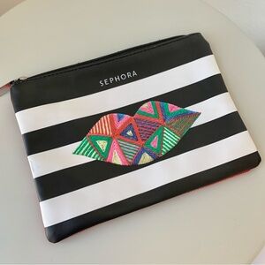 Black White Stripe Lips Sephora Mixed Media Cosmetics Makeup Bag Case